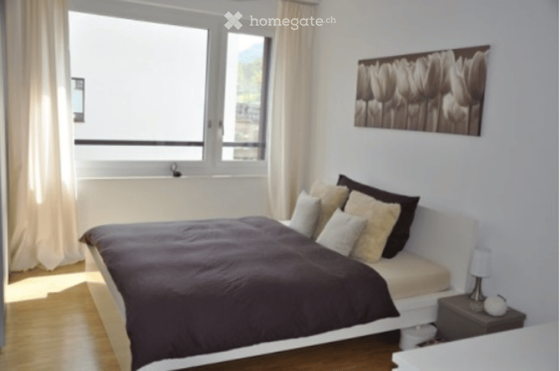 Modern bedroom with a large bed, multiple pillows, a nightstand with a lamp, and a large window with curtains. A decorative picture of flowers hangs on the wall.