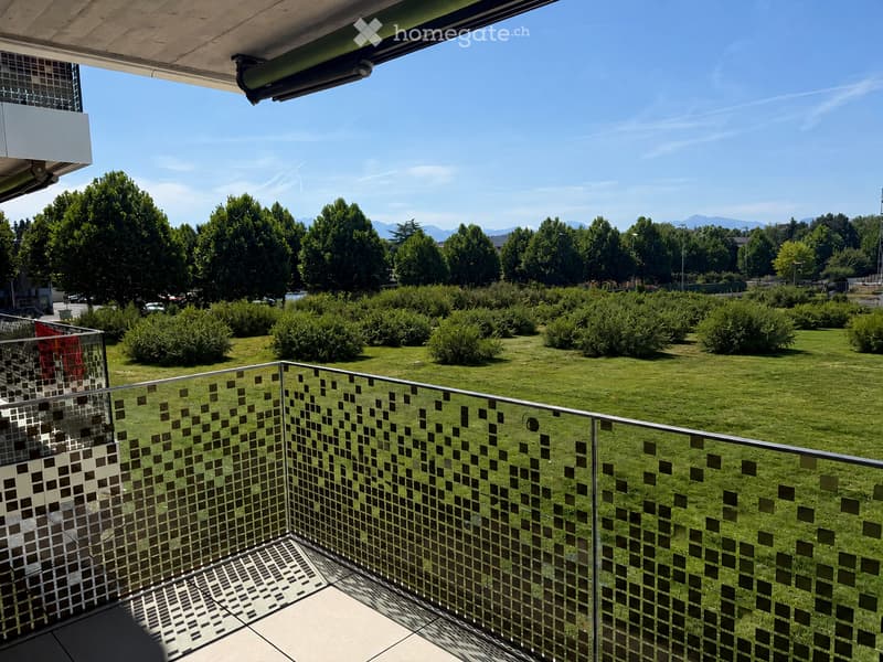 Balcony with modern glass railing overlooking a green lawn and trees, with a clear blue sky and distant mountains in the background.
