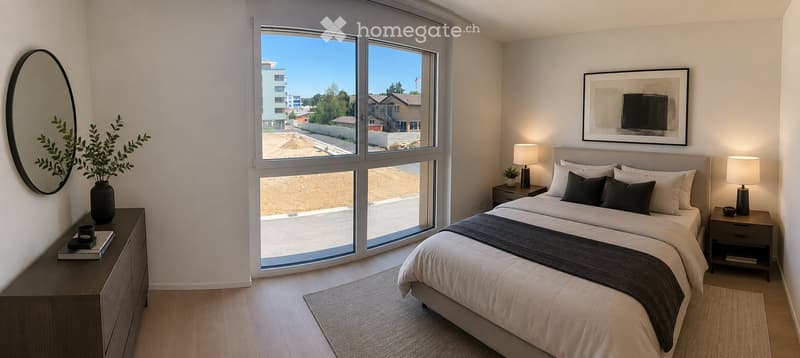 Modern bedroom with a large bed, nightstands, lamps, a mirror, a plant, and a picture frame on the wall.