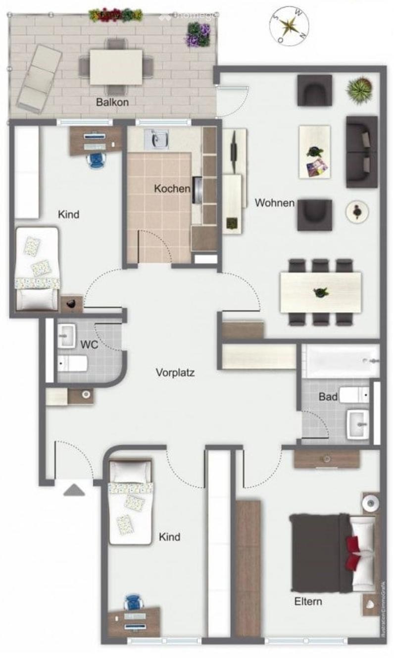 Floor plan of a 3-room apartment with a balcony, kitchen, living room, two bedrooms, and a bathroom.