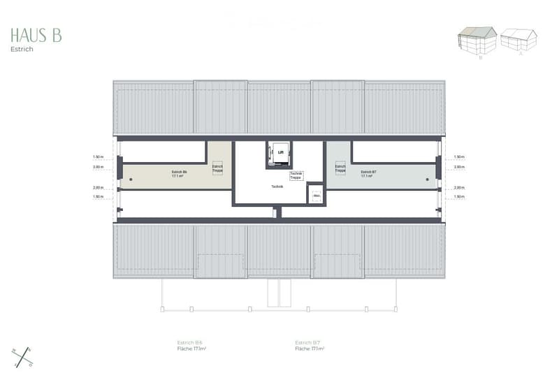 Floor plan of Haus B, showing two floors with labeled rooms including Estrich B6 and B7, a lift, and a Technik area.