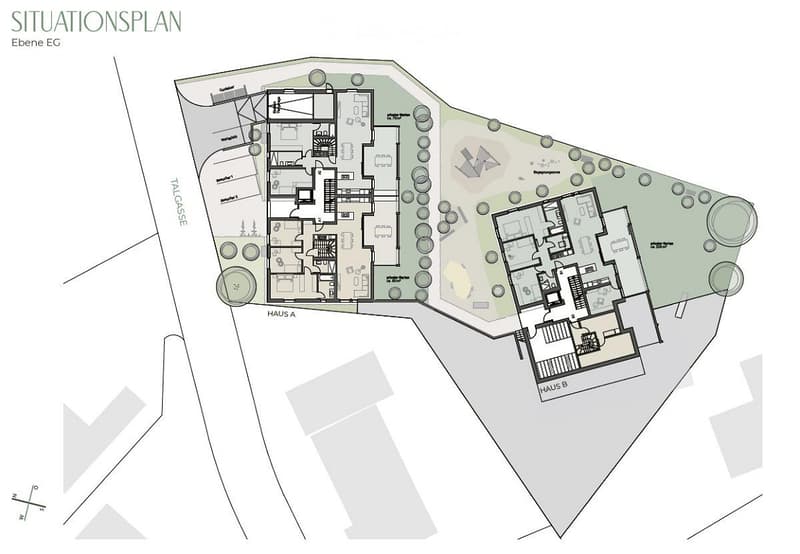 Floor plan of a multi-house complex with labeled rooms and outdoor spaces, including Haus A and Haus B, and surrounding garden areas.