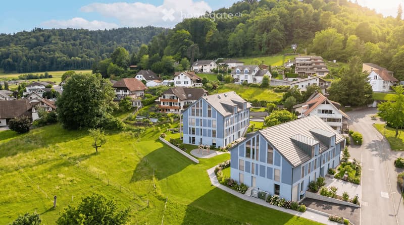 Aerial view of a residential area with multiple houses, surrounded by green fields and trees. The houses have varied architectural styles, with some featuring modern designs and others traditional styles. The area is well-maintained with lawns and gardens