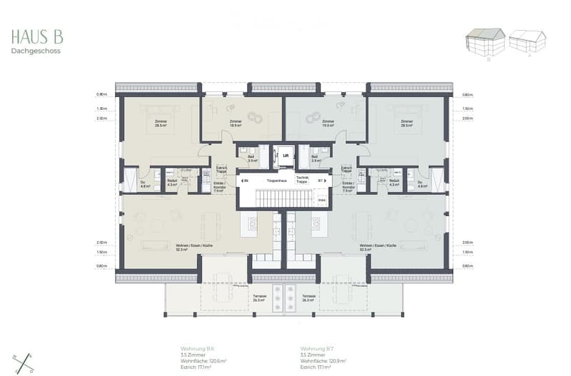 Floor plan of a two-story house with multiple rooms including bedrooms, bathrooms, living spaces, and terraces.