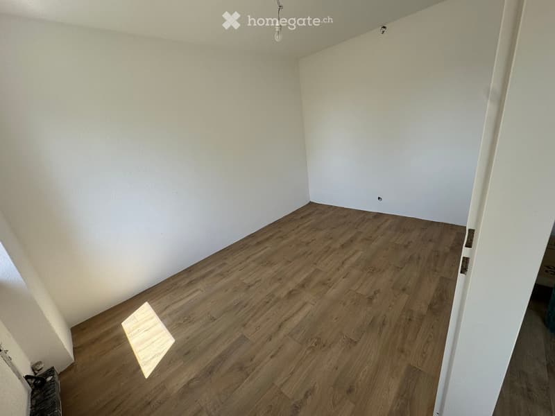 Empty room with wooden flooring and white walls, featuring a single light fixture on the ceiling.