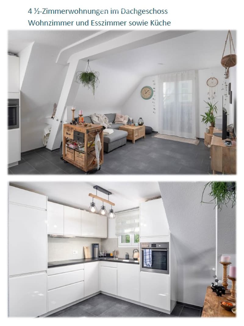 The top image shows a cozy living room with a grey sofa, coffee table, wooden cart, and decorative items. The bottom image displays a modern kitchen with white cabinets, an oven, sink, and various kitchen appliances.