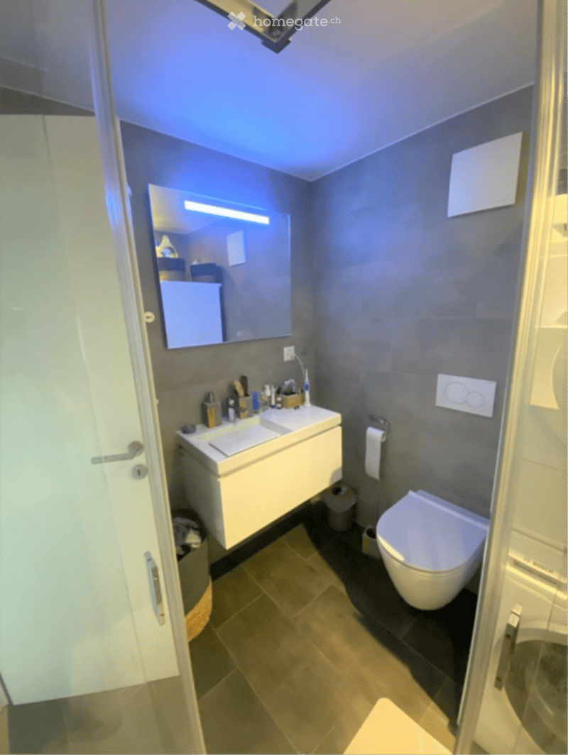 Modern bathroom with grey walls, dark tiled floor, white sink, mirror with built-in lighting, toilet, and various toiletries on the sink counter.