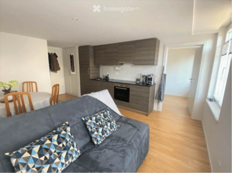 A modern, open-plan living and dining area with a grey sofa, coffee table, dining table with chairs, and a fitted kitchen with dark cabinets, an oven, and a fridge. The space features light wooden flooring and large windows.