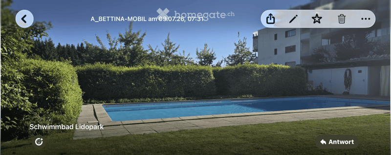 Outdoor area with a swimming pool, surrounded by neatly trimmed hedges and a well-maintained lawn, with a multi-story building in the background.