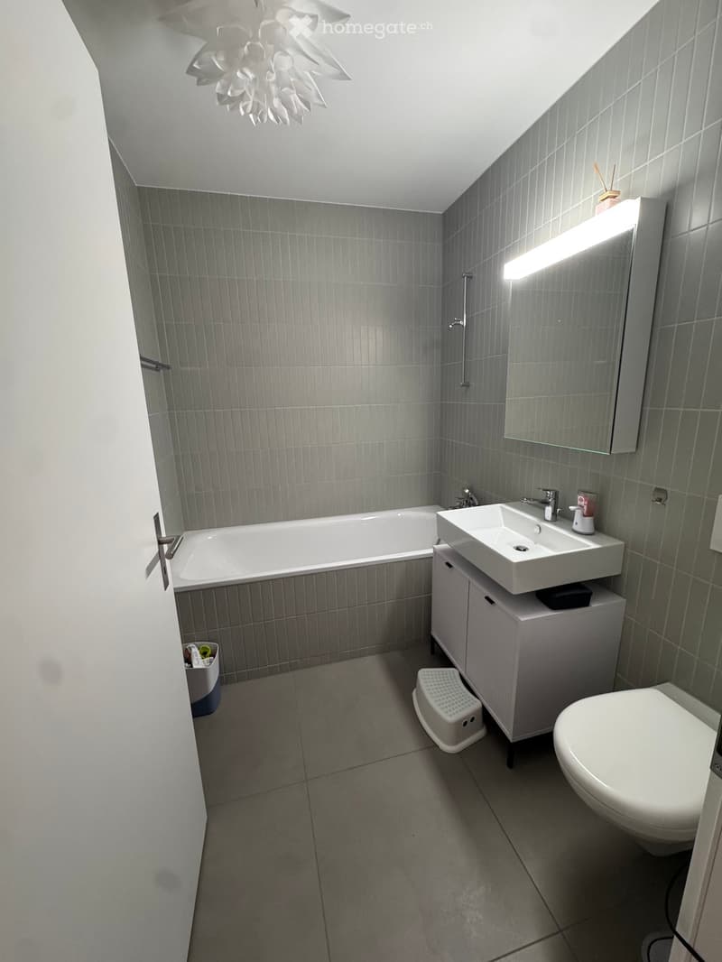 Modern bathroom with grey tiled walls, a bathtub, a sink with a cabinet, a toilet, a mirror, and a decorative light fixture.