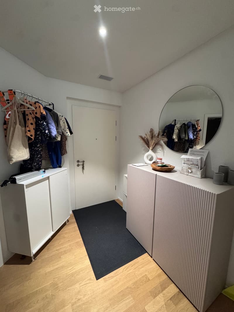 A well-lit hallway with a wooden floor, white walls, and a grey rug. Features include a white cabinet with a mirror, a clothing rack with various garments, and a small table with decorative items.