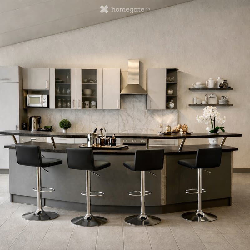 modern kitchen, island with bar stools, marble countertops, stainless steel appliances, white cabinets, tiled backsplash, open shelving, microwave, coffee maker, flower vase, tiled floor
