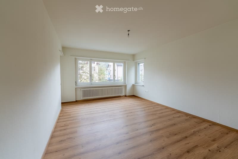 Empty room with wooden flooring, white walls, large windows, radiator, and a single ceiling light fixture.