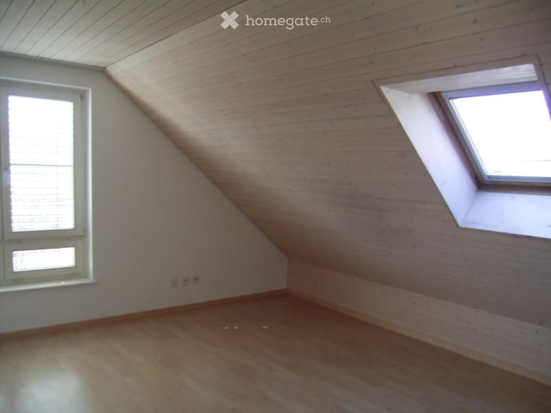 Empty attic room with wooden walls and floor, two windows, and skylight.