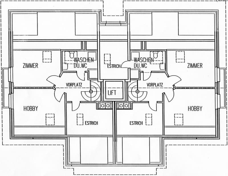 Floor plan showing two bedrooms, two bathrooms, hobby rooms, entrance areas, and a central lift.