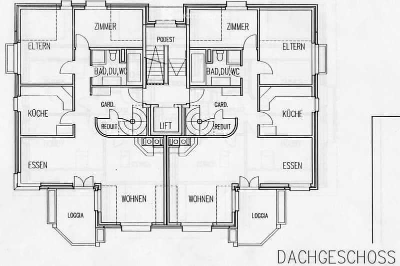 Floor plan of a multi-level house with two apartments, each featuring separate living, dining, kitchen, bedroom, and bathroom areas, connected by a central staircase and elevator.