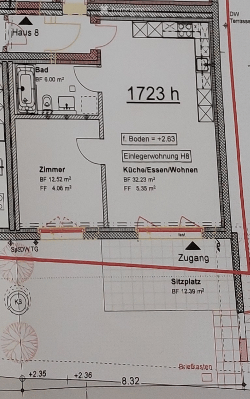 Floor plan of a residential unit labeled H8, showing a kitchen/dining/living area, bedroom, bathroom, and balcony access.