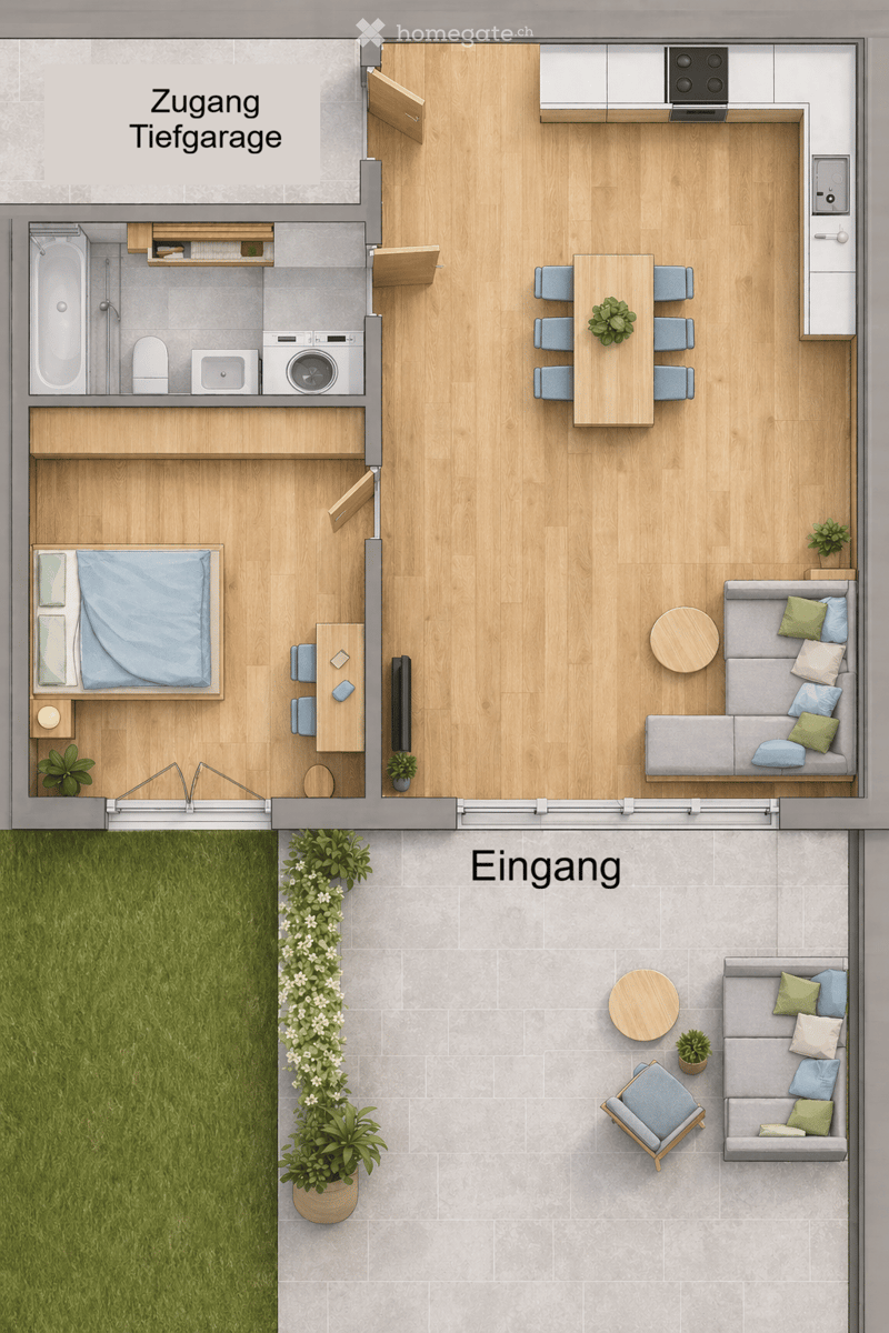 Layout includes a living room with a sofa, dining area, kitchen, bedroom, bathroom, and access to a garage. Features include a balcony and outdoor space with plants.