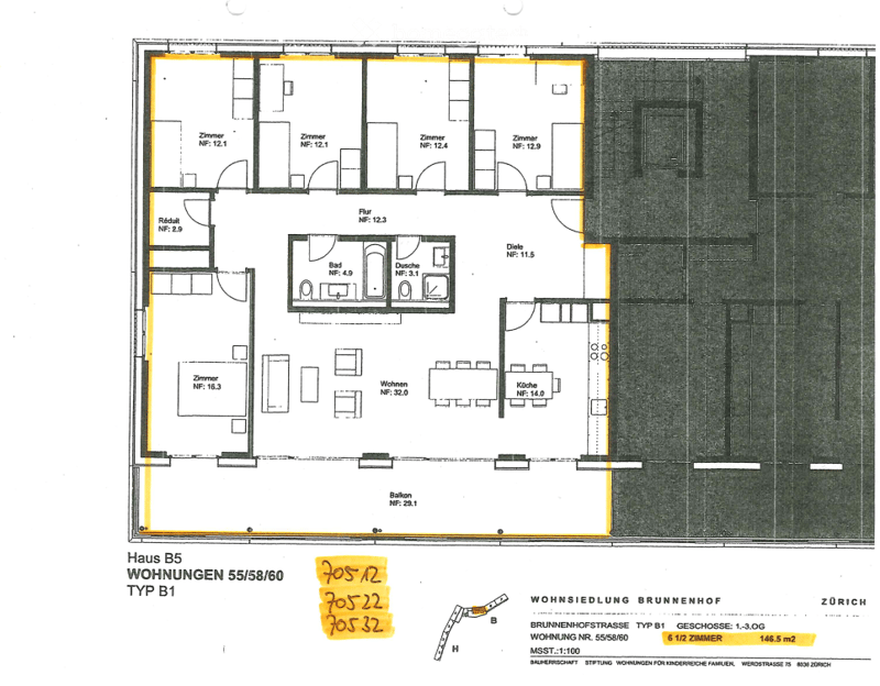 Floor plan of a 6.5-room apartment with living room, kitchen, 4 bedrooms, 2 bathrooms, and a balcony.