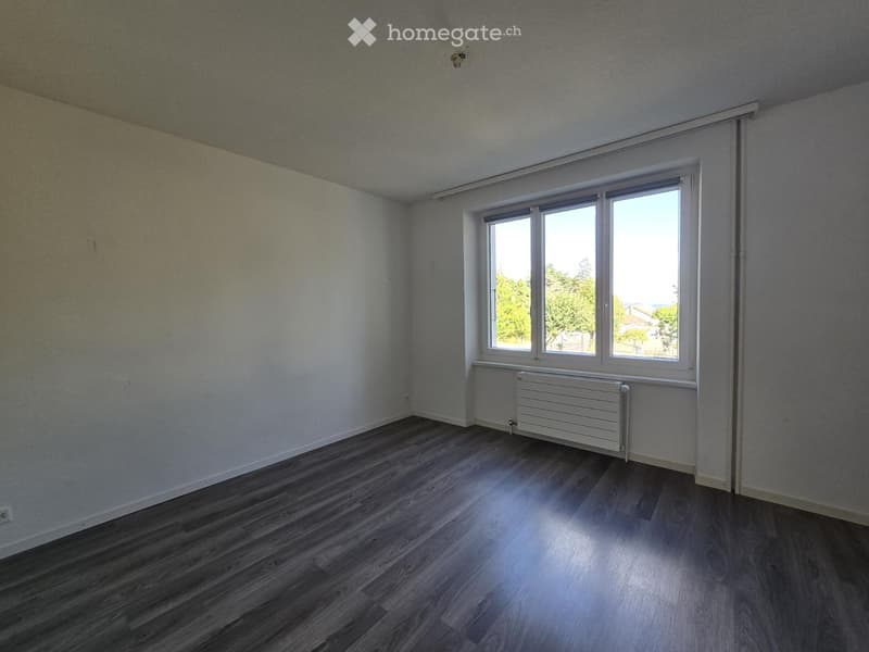 Empty room with wooden flooring, white walls, and a large window with white frames. A radiator is visible under the window.