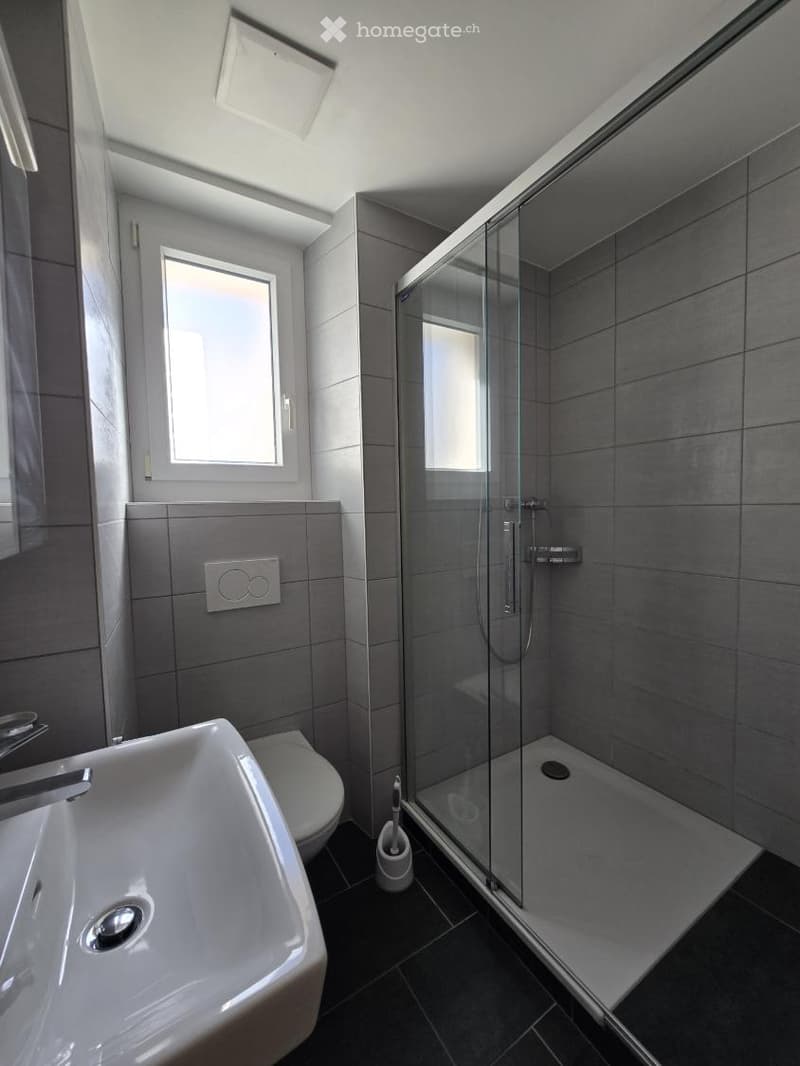 Modern bathroom with a white sink, toilet, glass-enclosed shower, and a small window providing natural light.