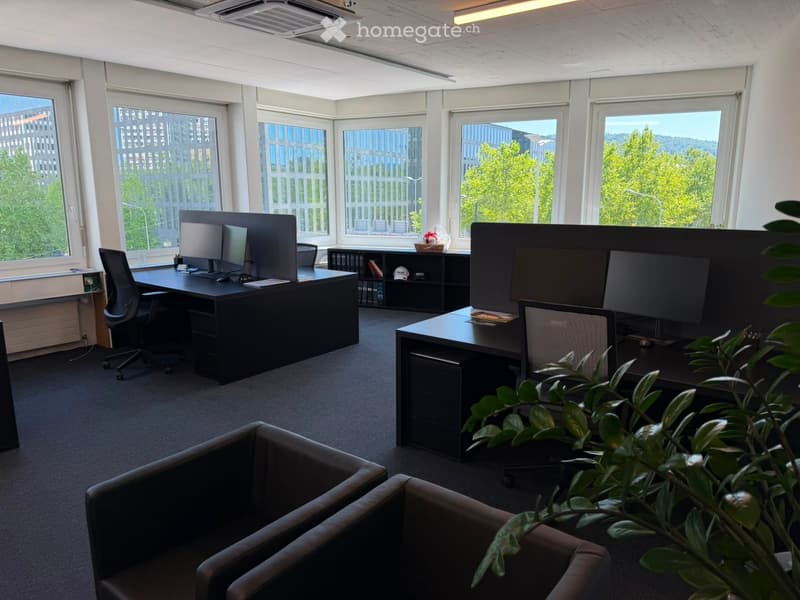 Modern office space with two desks, chairs, computer screens, a leather sofa, and a potted plant. Large windows offer a view of the city and greenery.