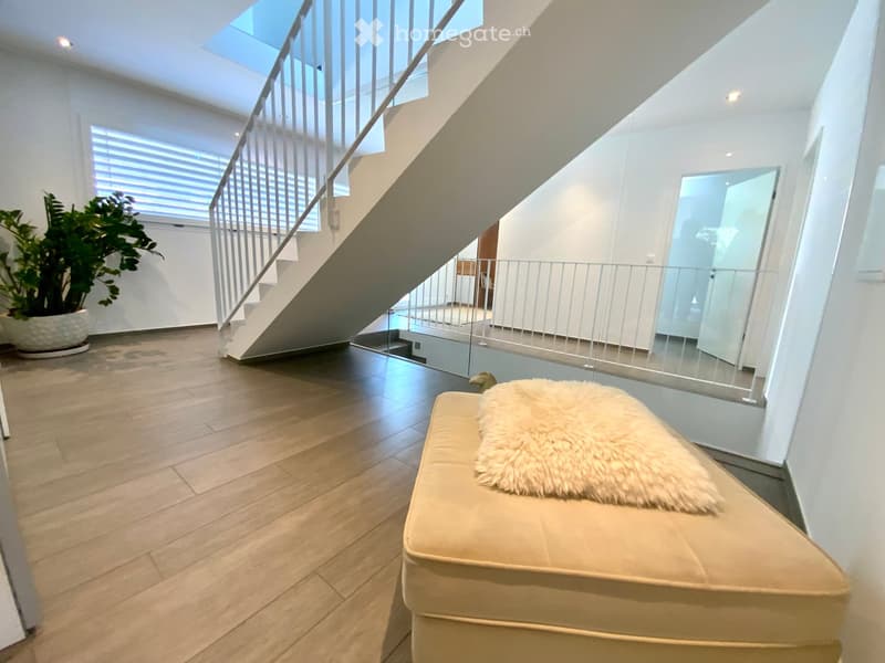 Modern, well-lit hallway with wooden flooring, a staircase with a glass railing, a cream-colored sofa with a fur throw, and a large potted plant near the window.
