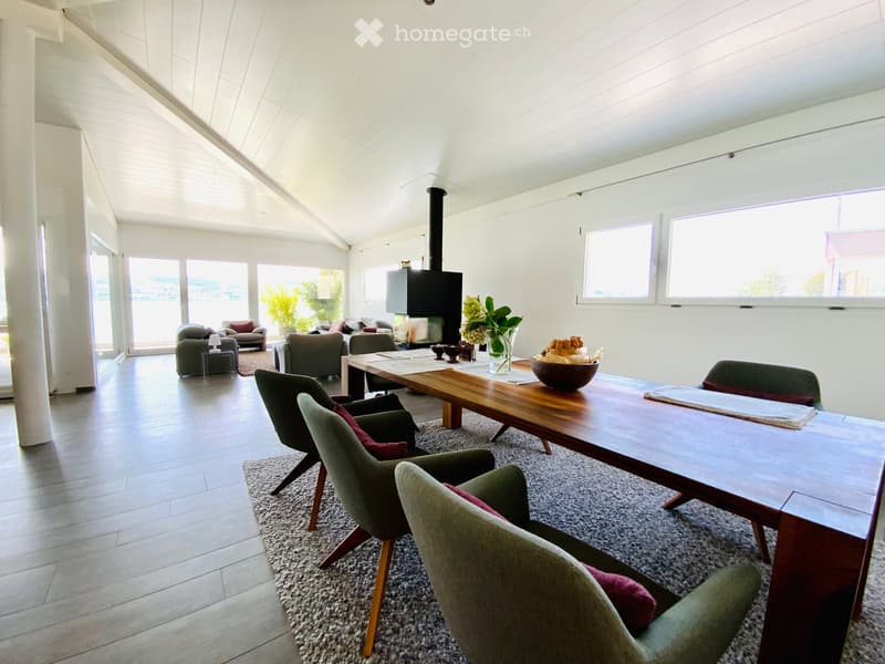Bright, open living space with a fireplace, large windows, and modern furniture including sofas, chairs, and a dining table.