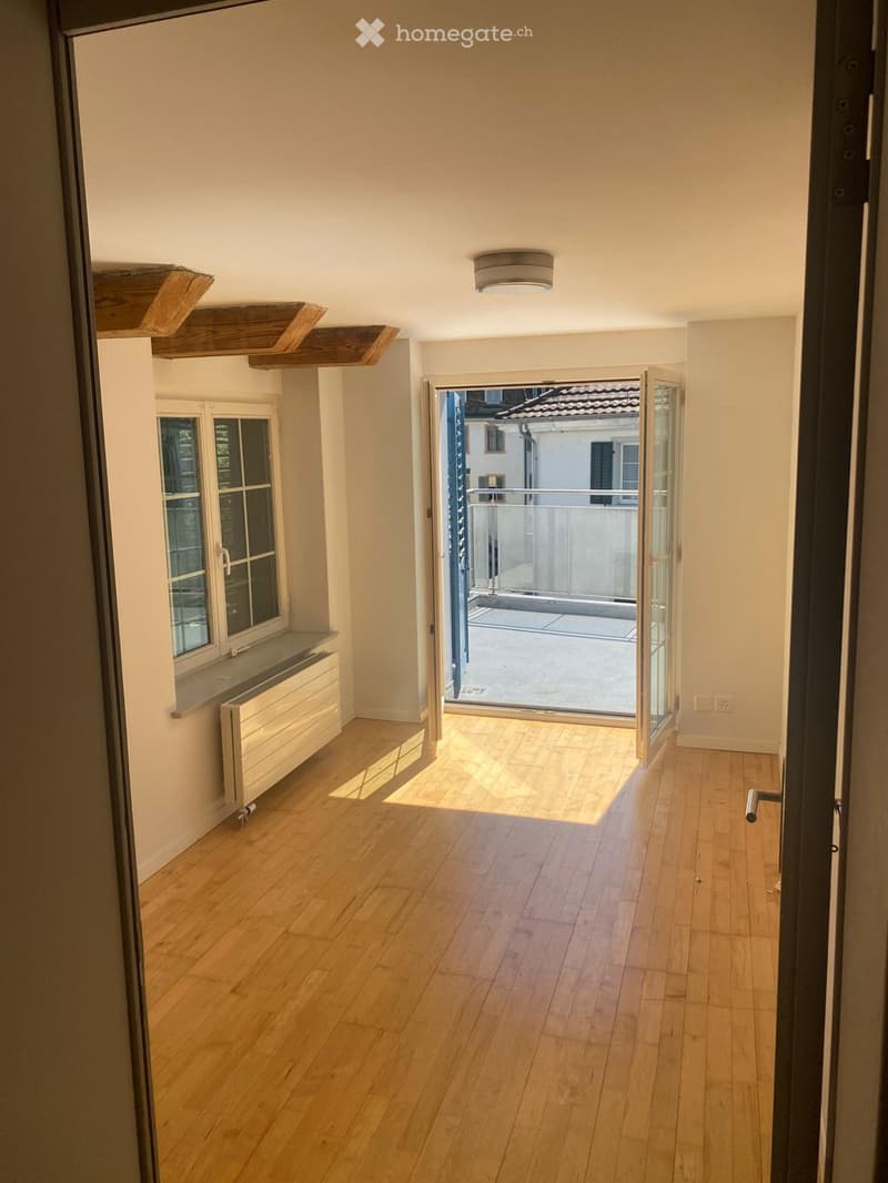 Bright hallway with wooden flooring, large window on left, radiator below, and open sliding doors leading to a balcony or terrace area.