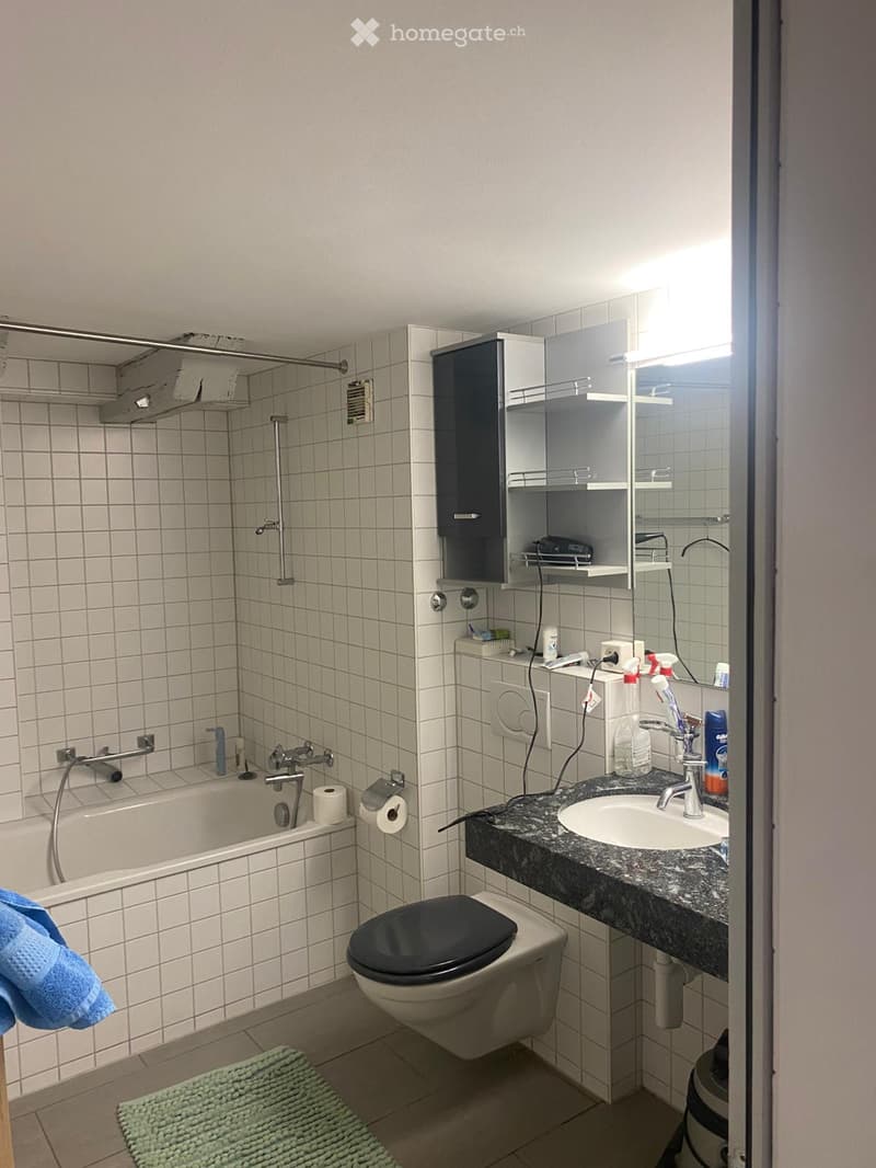 Bathroom with a bathtub, toilet, sink, mirror, and cabinet. Includes a towel and bathmat on the floor.