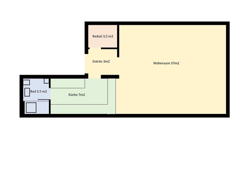 Floor plan of a 1-bedroom apartment with a living room, kitchen, bathroom, and hallway.