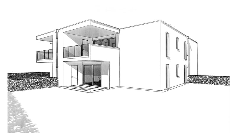 Modern two-story house with a flat roof, large windows, and a balcony on the upper level. The entrance features a glass door and a small porch area.