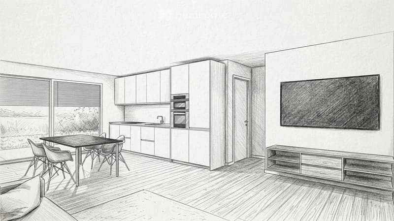 A modern, open-plan room with a kitchen area and a living area. The kitchen features white cabinets, a sink, a microwave, and an oven. A dining table with four chairs is positioned near the window. The living area includes a large screen mounted on the wa