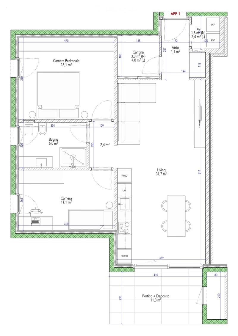 Floor plan of a residential space with labeled rooms including a living area, bedroom, bathroom, kitchen, pantry, and entrance area.