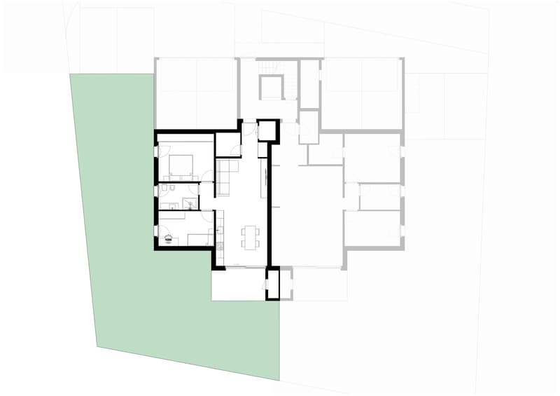 Floor plan of a multi-room residential space including a living room, dining area, kitchen, bedrooms, and bathrooms.