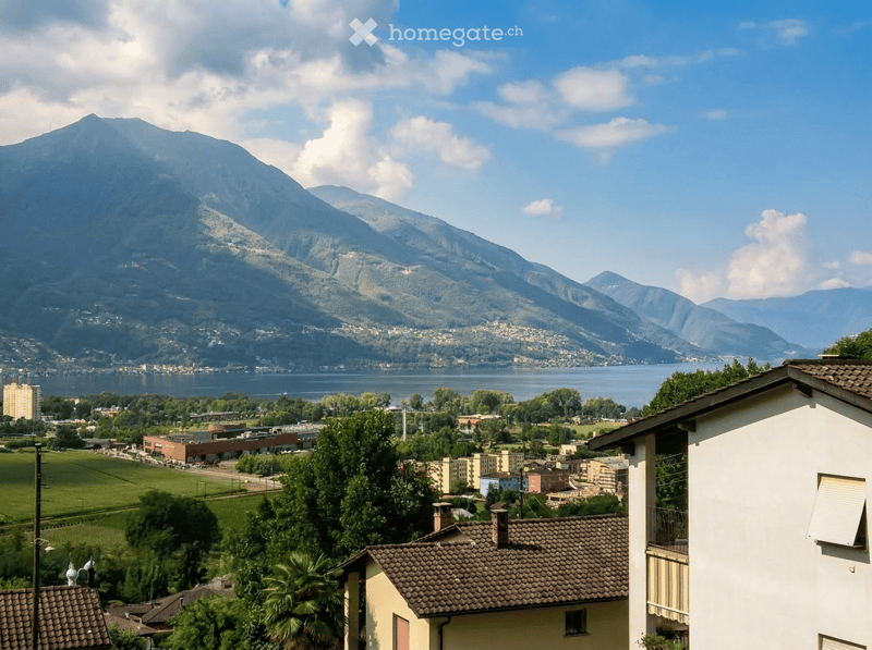 Panoramic view of a town with a lake and mountains in the background, featuring houses, trees, and a clear blue sky.