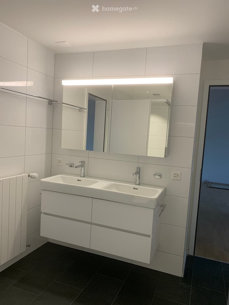Modern bathroom with white tiles, double sink, mirrored cabinet, and sleek fixtures.