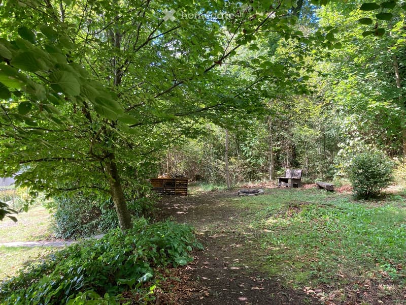A serene garden path surrounded by lush greenery, with wooden benches and a small wooden structure on either side.