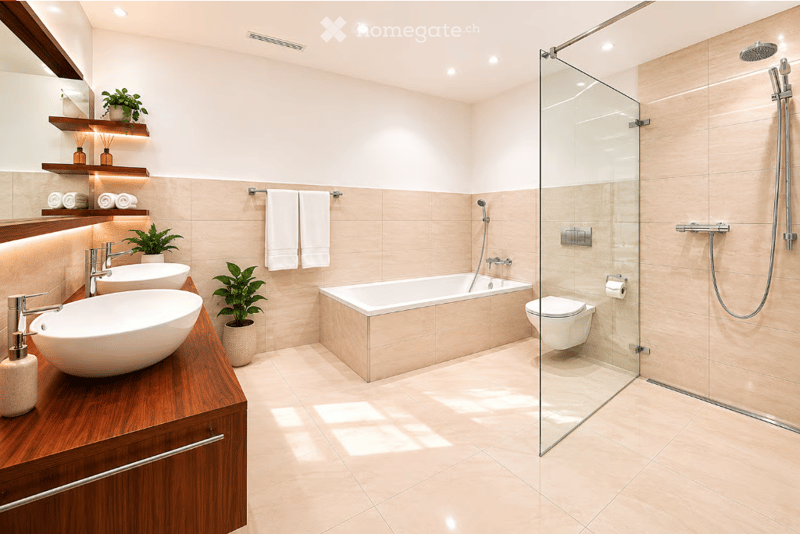 Modern bathroom with a bathtub, toilet, double sink, glass shower enclosure, and decorative plants on shelves.