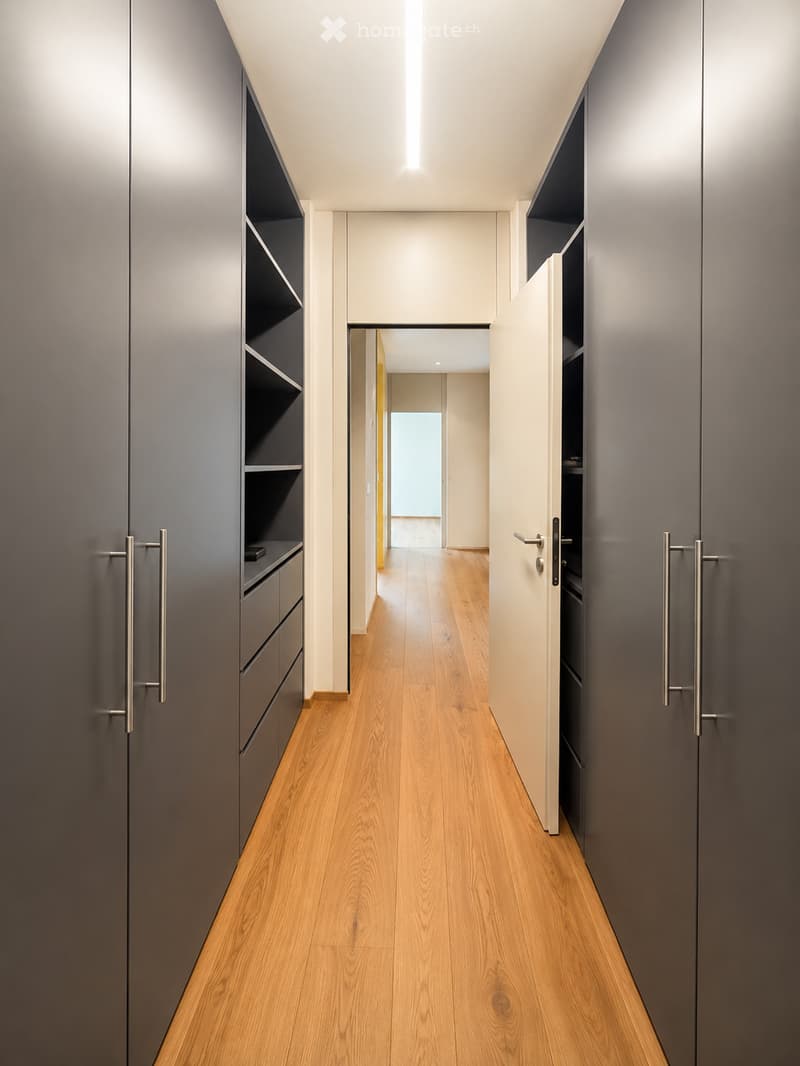 Modern hallway with light wooden flooring, grey built-in storage units with metallic handles, and recessed lighting.