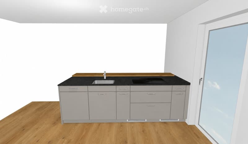 Modern kitchen with grey cabinets, black countertop, and a double sink with a faucet. The room features wooden flooring and white walls.