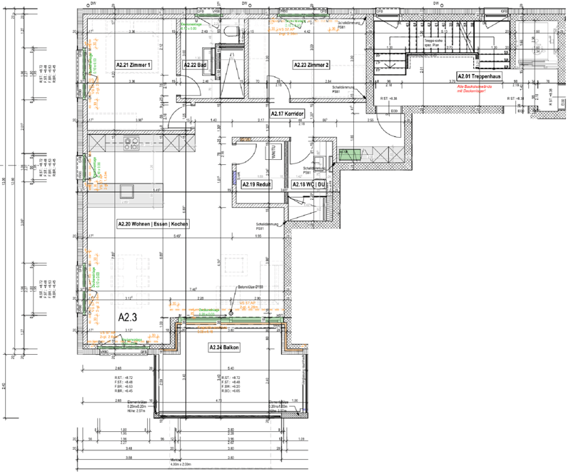 Floor plan of a residential unit with labeled rooms including living/dining/kitchen area, bedrooms, bathrooms, and a balcony.