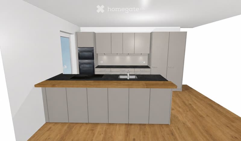 Modern kitchen with light grey cabinets, black countertops, wooden island, sink, and oven.