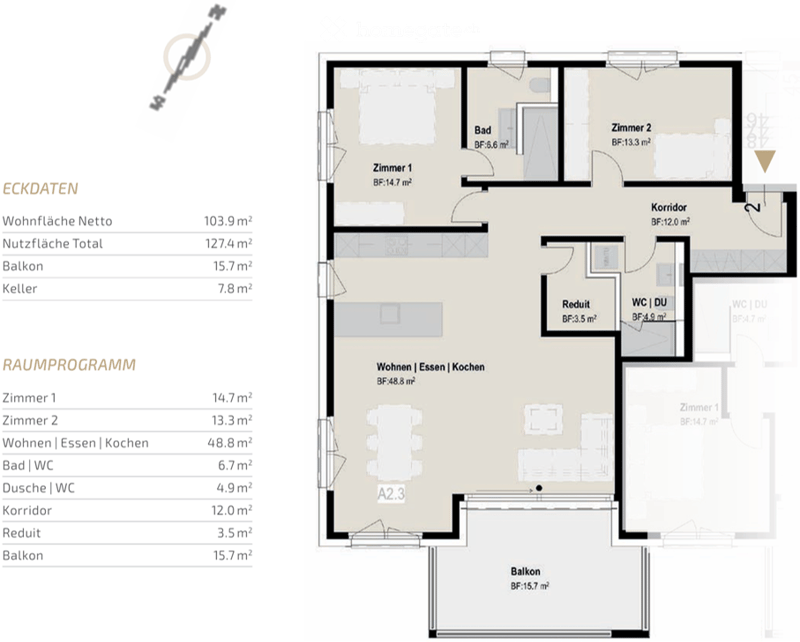 Floor plan of a 103.9 m² apartment with two bedrooms, living/dining/kitchen area, bathroom, hallway, and balcony.