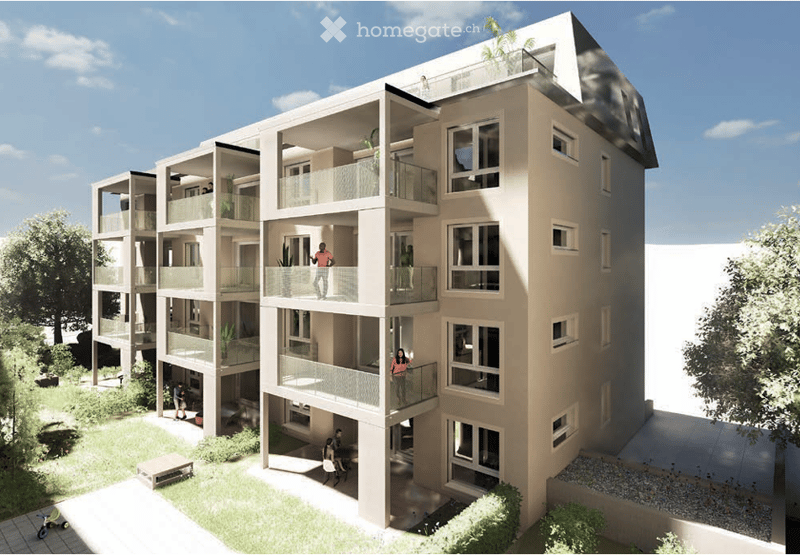 Modern multi-story residential building with balconies, surrounded by greenery and a small garden area.