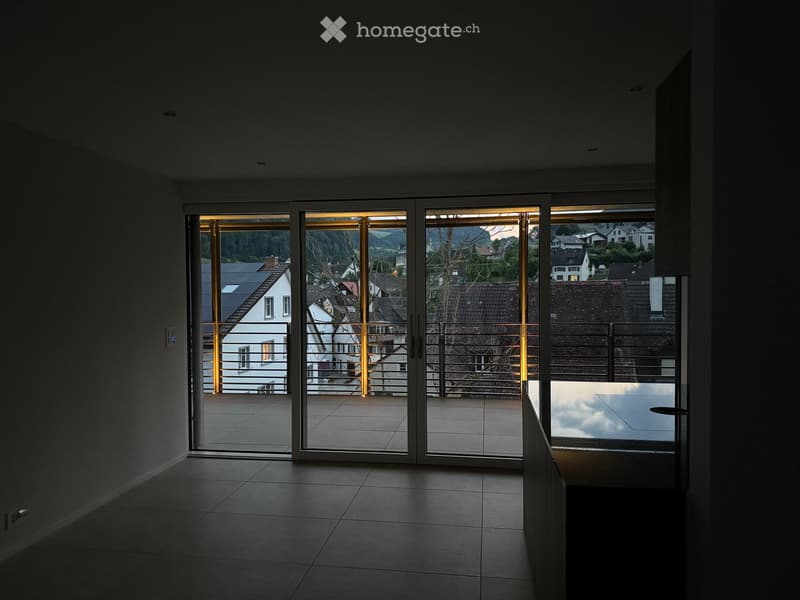 Large sliding glass doors with balcony, mountain view, modern interior
