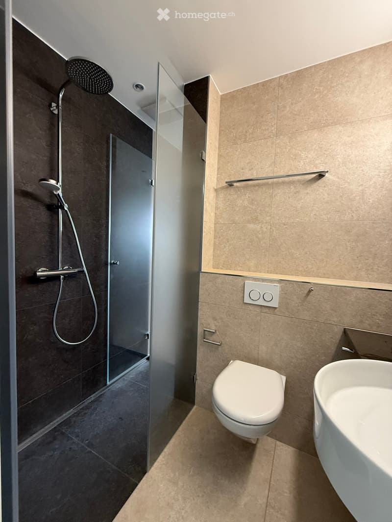 bathroom with shower, toilet, and sink