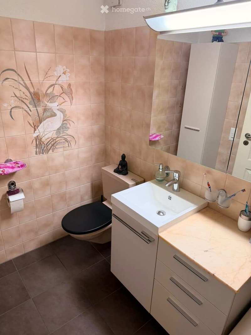 Modern bathroom with beige tiles, a white sink with a chrome faucet, a black toilet, a mirrored cabinet, and a decorative floral tile design on one wall.
