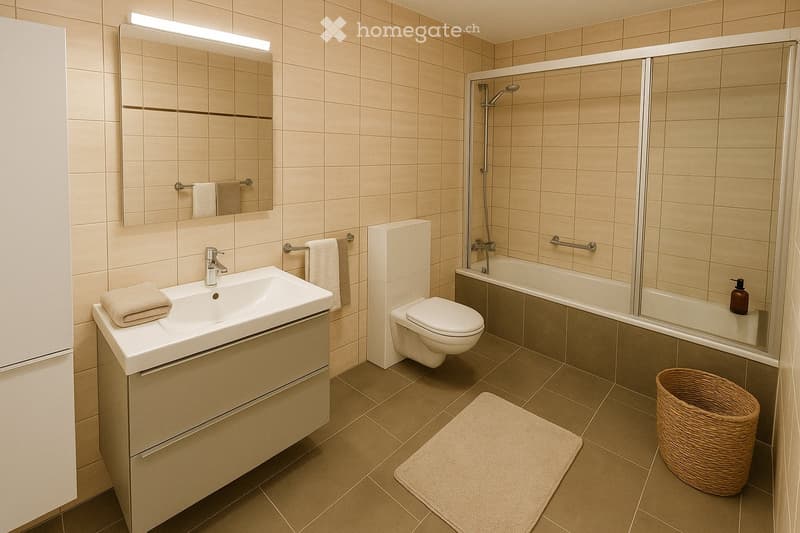 Modern bathroom with beige tiles, a sink with a mirror, a toilet, a bathtub with a glass shower enclosure, and a wicker basket on the floor.