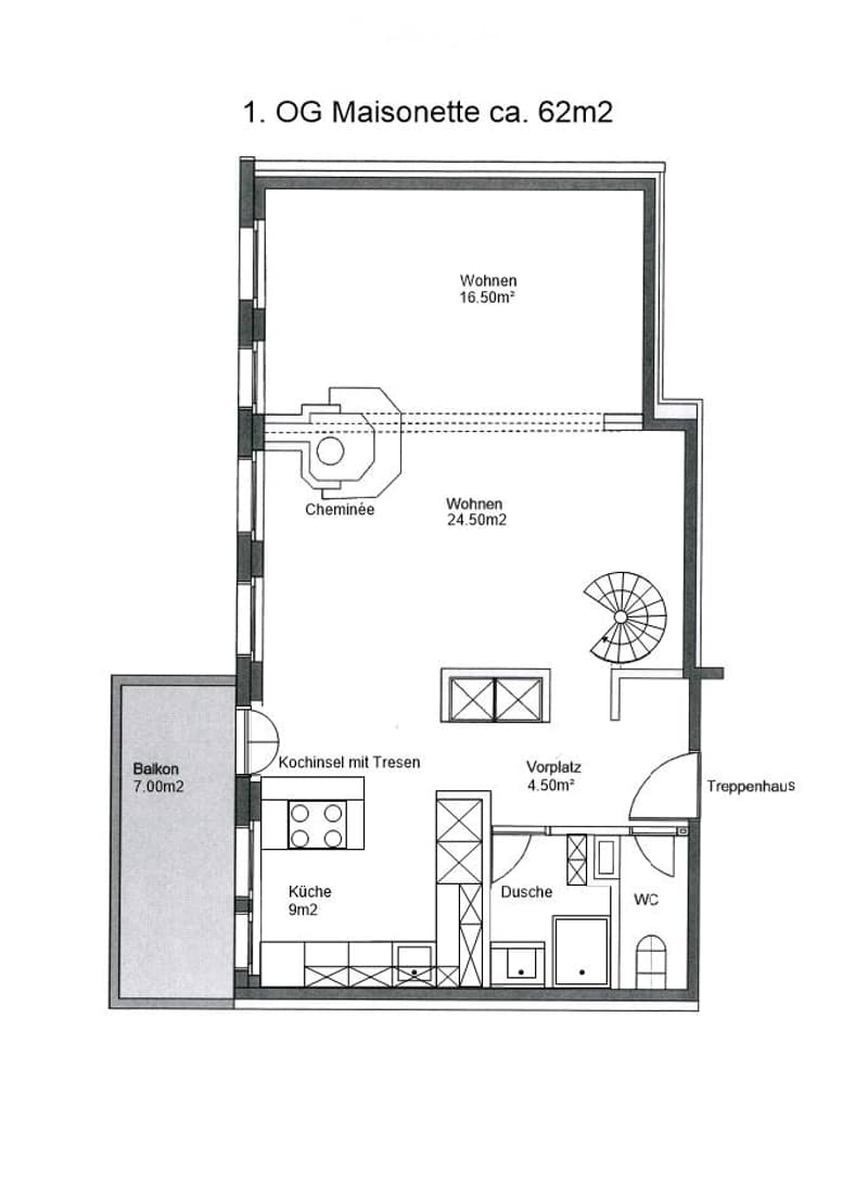 Floor plan of a 62m2 maisonette on the first floor, featuring two living areas, kitchen, dining area, bathroom, WC, and balcony.